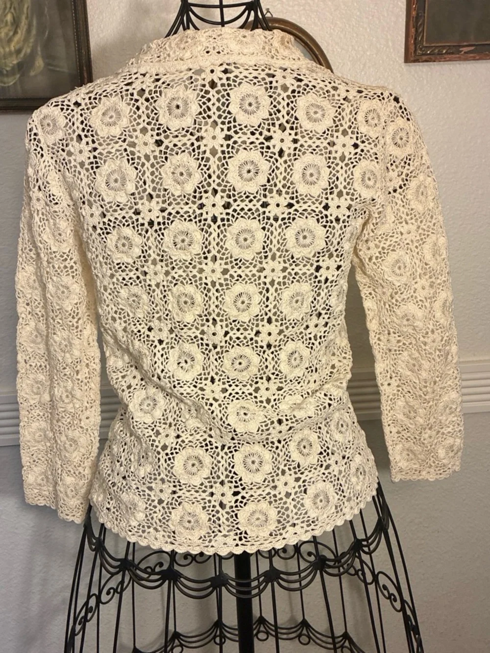 Cream Crocheted Button-Up Floral Lace Blouse